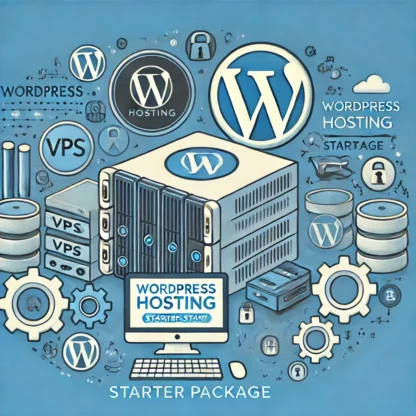 Hosting WordPress Starter. Representa un paquete de hosting con elementos como un servidor VPS, el logo de WordPress y símbolos que transmiten confiabilidad, eficiencia y facilidad de inicio. La imagen está pensada para atraer a pequeños negocios y emprendedores que buscan un hosting simple y accesible para WordPress